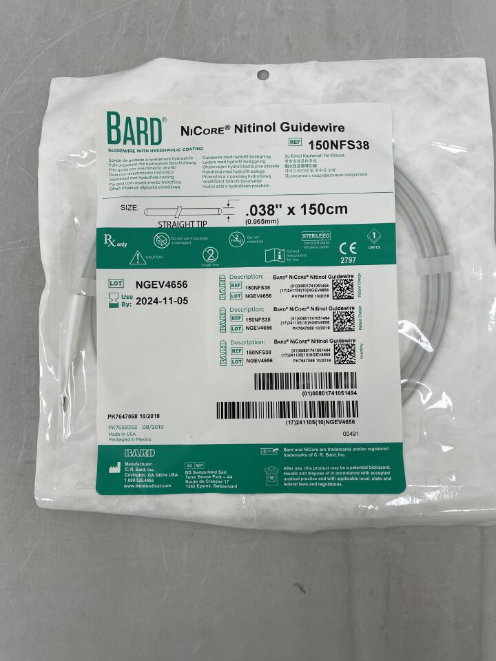 150NFS38 - BARD - nicore nitinol guidewire: 0.038" x 150cm, straight tip, (EA) - ( Expiry Date: 2024-11-05 )