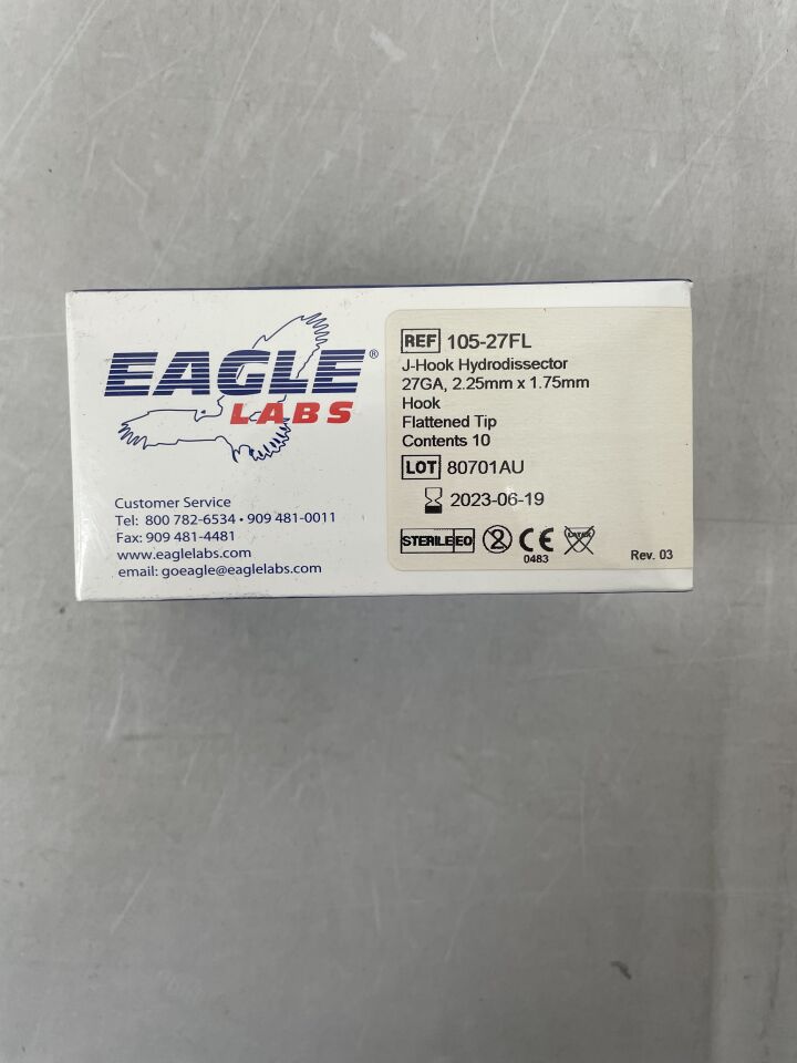 105-27FL - EAGLE LABS - J-Hook Hydrodissector with Flattened Tip, 27G, Straight, Hook Dimensions 2.25 mm x 1.75 mm, (BX/10) - ( Expiry Date: 2023-06-19 )