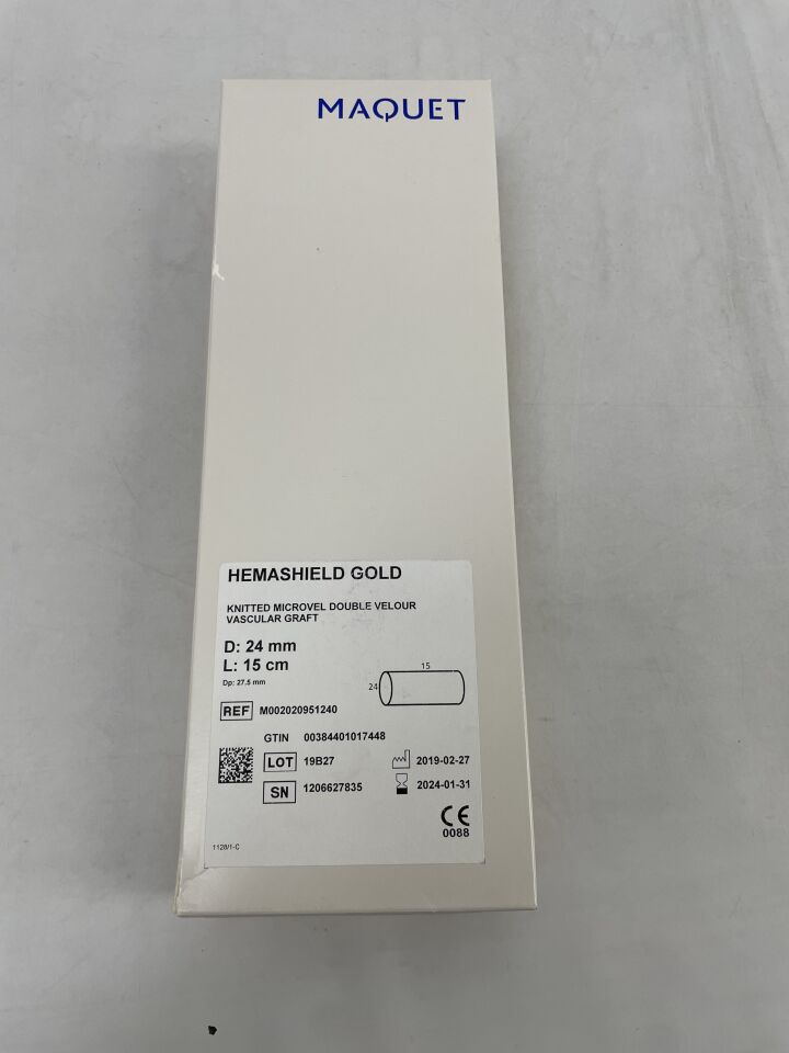 M002020951240 - MAQUET - Hemashield Gold Knitted Microvel Double Velour Vascular Graft, 24mm x 15cm, (BX/1) - ( Expiry Date: 2024-10-31 )
