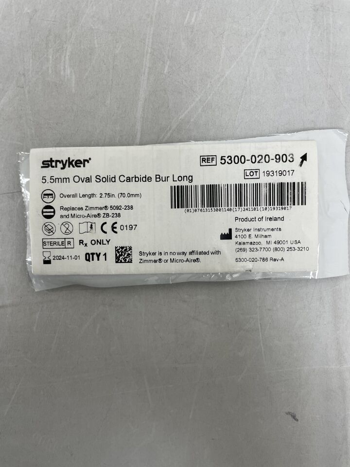 5300-020-903 - STRYKER - 5.5mm Oval Solid Carbide Bur, Long, (EA) - ( Expiry Date: 2024-11-01 )