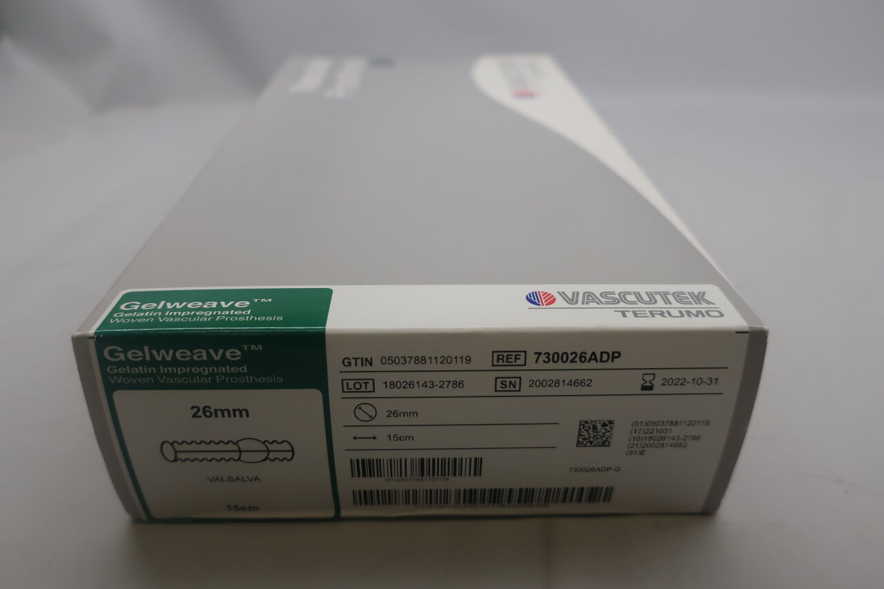 730026ADP - TERUMO - Vascutek Gelweave Valsalva Aortic Root Vascular Graft 26mm x 34mm, (BX/1) - ( Expiry Date: 2024-02-29 )