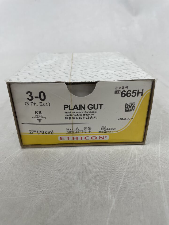 665H - ETHICON - 外科腸線縫合 - 平直切割針，可吸收，KS 60mm 直型，平直單絲 27" = 70cm，規格：3-0，（盒/36）-（有效期至：2025-07-31）