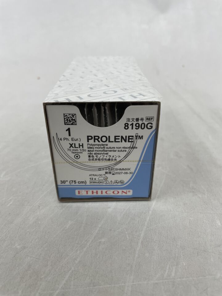 8190G - ETHICON - PROLENE 聚丙烯縫合線，錐形尖端，不可吸收，XLH 70mm / XLH ½ 圓，藍色單絲 30" = 75cm，尺寸：1，（盒/12）-（有效期：2027-06-30）