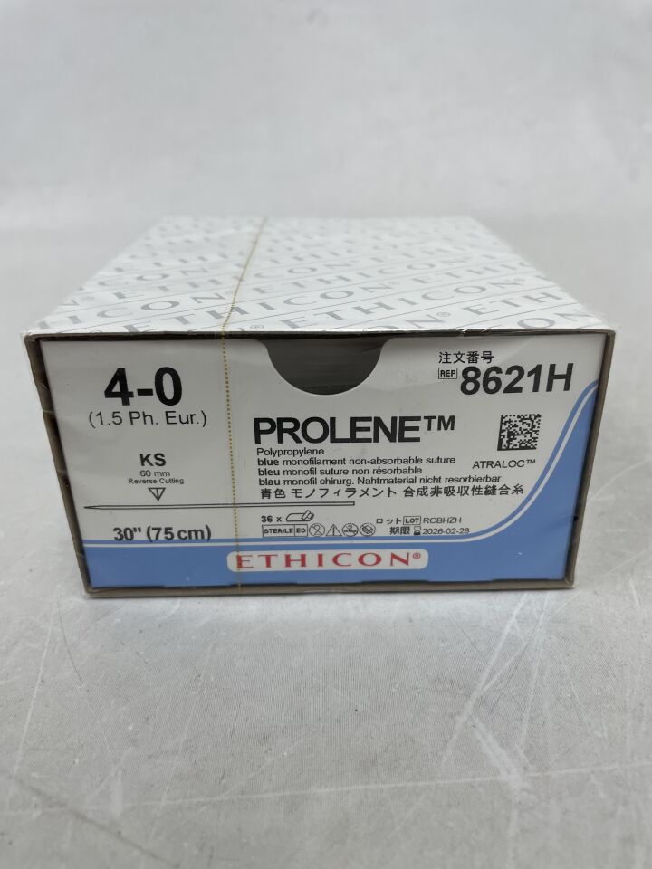 8621H - ETHICON - PROLENE 聚丙烯縫合線，直型切割針，不可吸收，KS 60mm 直型，藍色單絲 30" = 75cm，規格：4-0，（盒/36）-（有效期至：2026-02-28）