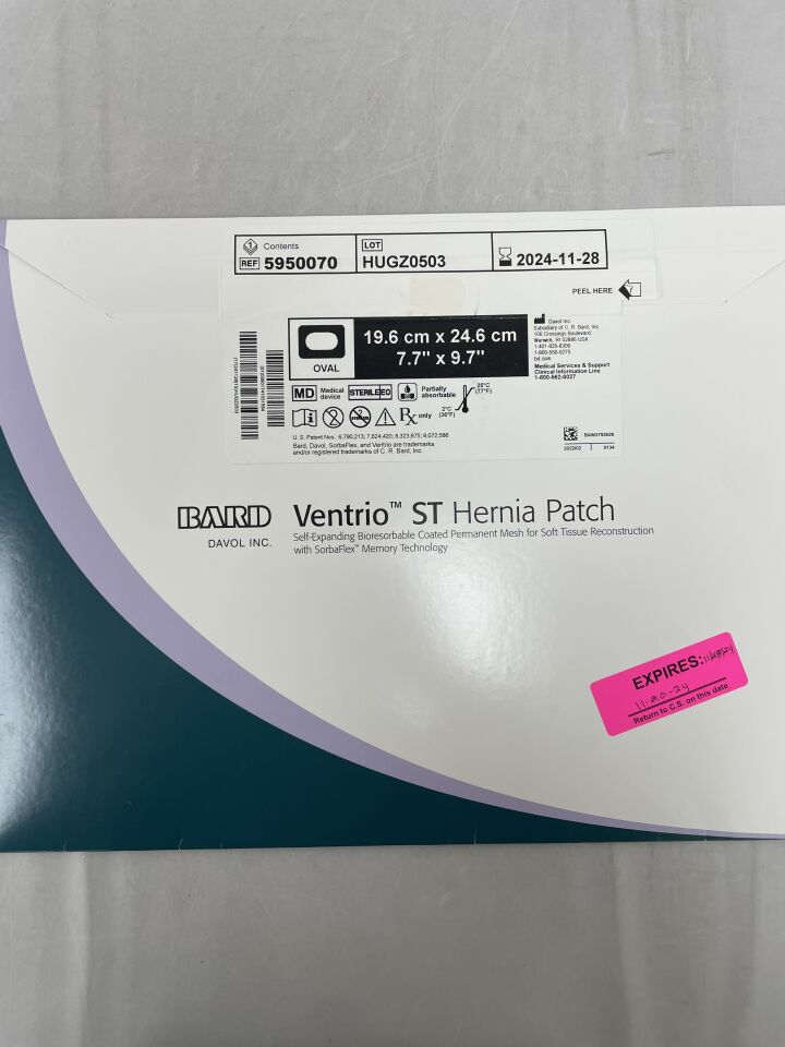 5950070 - BARD - Mesh Ventrio ST Hernia Patch, Extra Large Oval 19.6cm x 24.6cm
, (BX/1) - ( Expiry Date: 2024-11-28 )