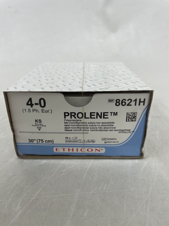 8621H - ETHICON - PROLENE 聚丙烯縫合線，直型切割針，不可吸收，KS 60mm 直型，藍色單絲 30" = 75cm，規格：4-0，（盒/36）-（有效期至：2027-03-31）