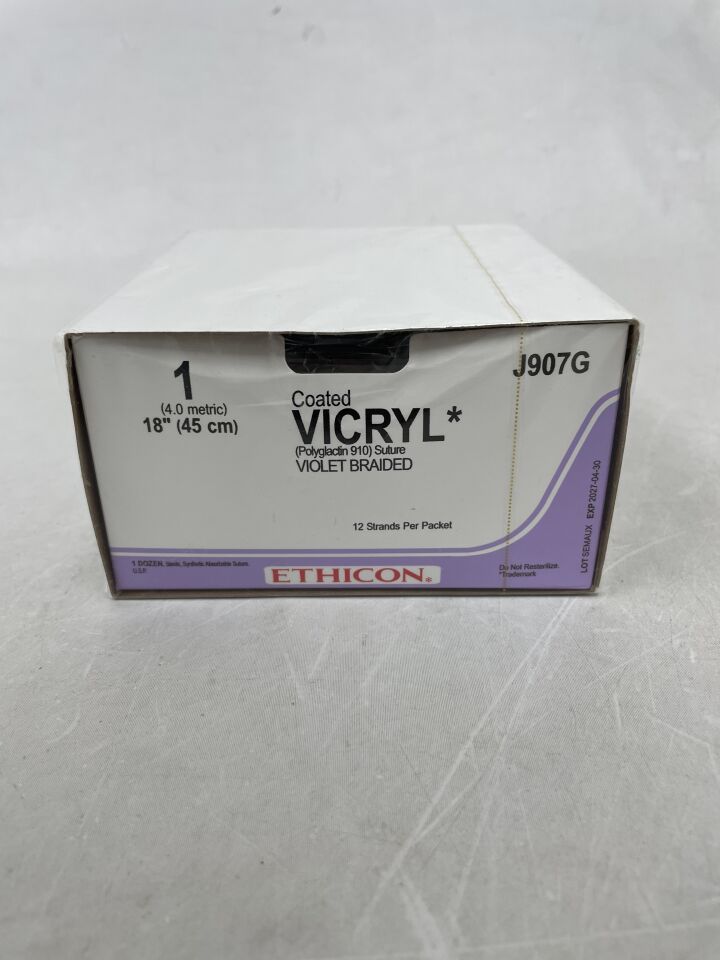 J907G - ETHICON - 塗層維克瑞爾（聚乳酸-羥基乙酸共聚物 910）縫合線，SUTUPAK 預切縫合線，可吸收，紫色編織 12-18 英寸 = 45 厘米，規格：1，（盒/12）-（有效期至：2027-04-30）