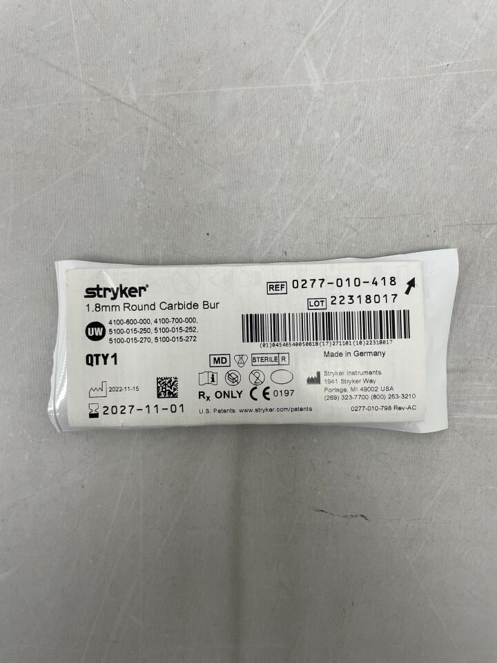 0277-010-418 - STRYKER - Fresa redonda de carburo de 1,8 mm (unidades) - (Fecha de caducidad: 01/11/2027)