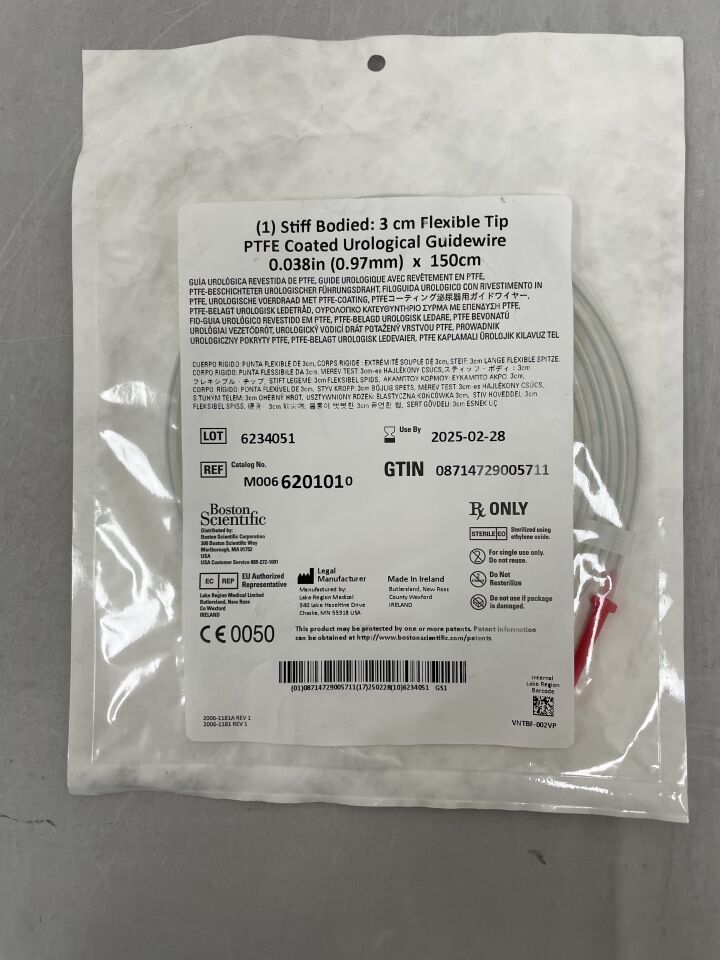 620101 - BOSTON SCIENTIFIC - PTFE Coated Urological Guidewire, stiff bodied, 3cm flexible tip, 0.038inch x 150cm, (EA) - ( Expiry Date: 2025-02-28 )