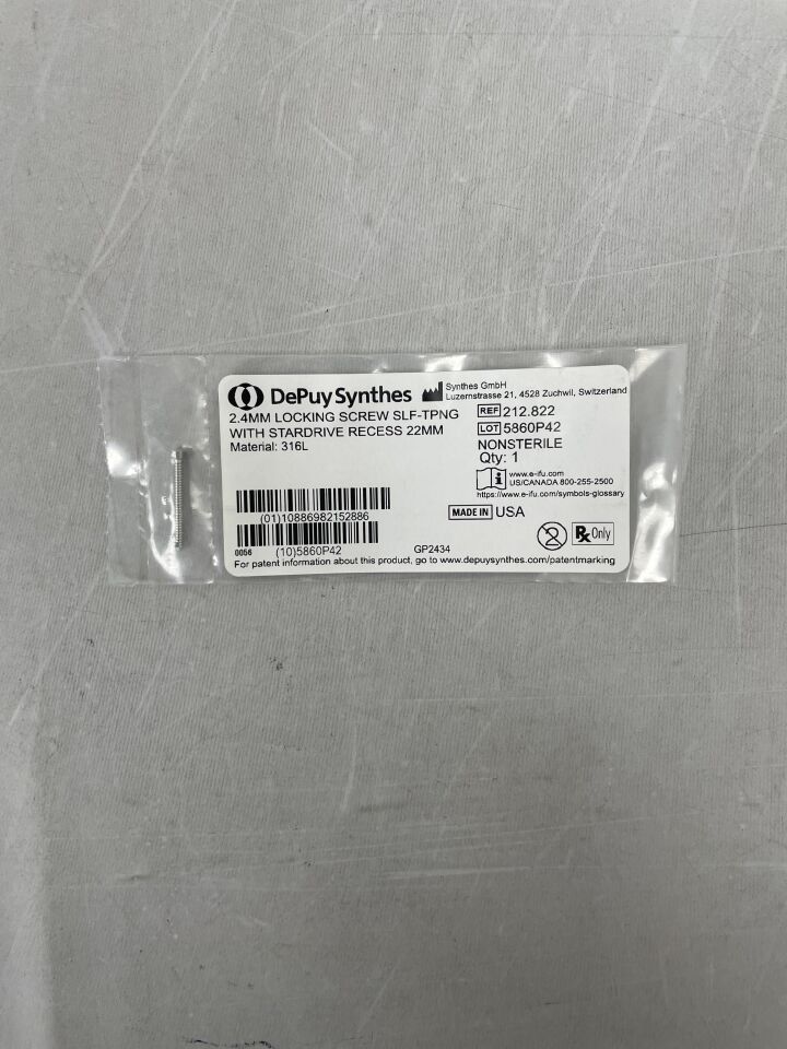 212.822 - SYNTHES - Self-Tapping Locking Screw with T8 StarDrive Recess, 2.4 x 22mm, (EA) - ( Expiry Date: 2099-12-31 )