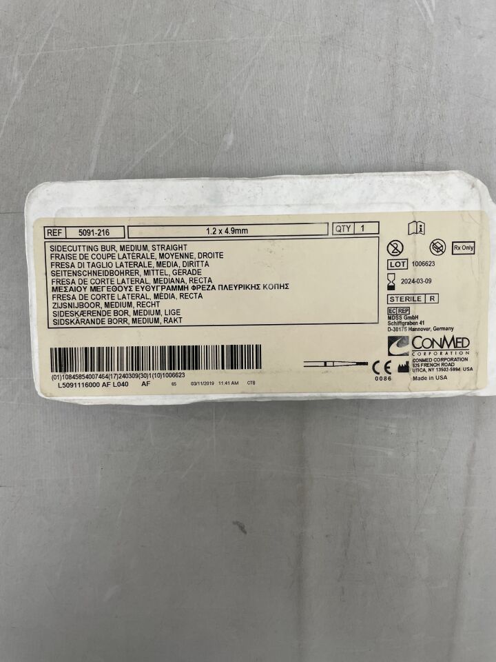 5091-216 - CONMED - Sidecutting Bur, Medium, Straight 1.2mm x 4.9mm, 6 Flutes, (EA) - ( Expiry Date: 2024-03-09 )