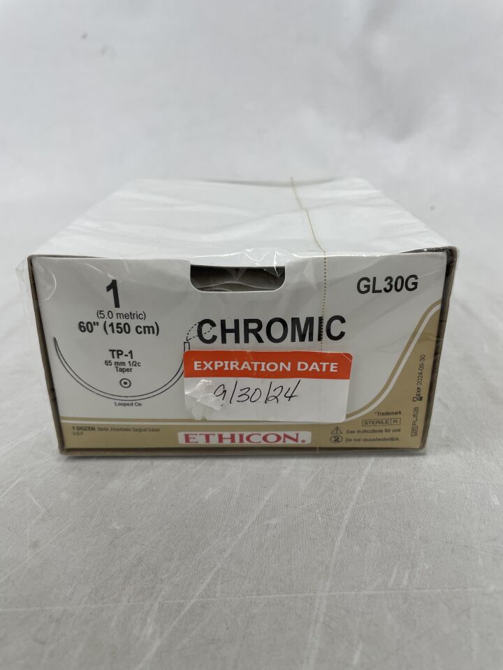 GL30G - ETHICON - Surgical Gut Suture - Chromic, Taper Point, Absorbable, TP-1 65mm ½ Circle, Chromic Monofilament 27" = 70cm, Size: 1, (BX/12) - ( Expiry Date: 2024-09-30 )