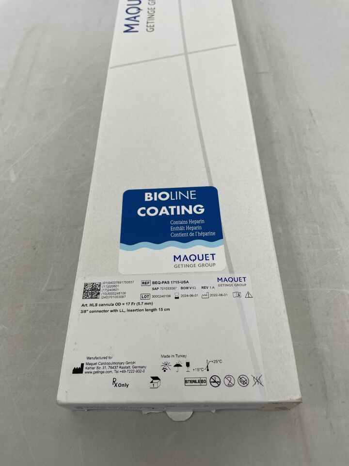 BEQ-PAS 1715-USA - MAQUET - HLS cannula, 17f OD, 3/8 connector with LL, Insertion length 15cm,with Bioline Coating, (BX/1) - ( Expiry Date: 2024-06-01 )