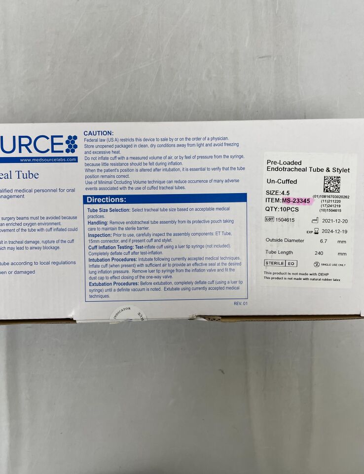 MS-23345 - MEDSOURCE - Preloaded Uncuffed Endotracheal Tube and Stylet, Curved, Pediatric, 4.5mm, (BX/10)