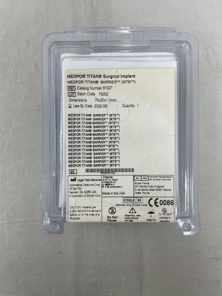 81027 - STRYKER - Medpor Titan Barrier MTB 76mm x 50mm, 1mm, (EA) - ( Expiry Date: 2022-08-01 )