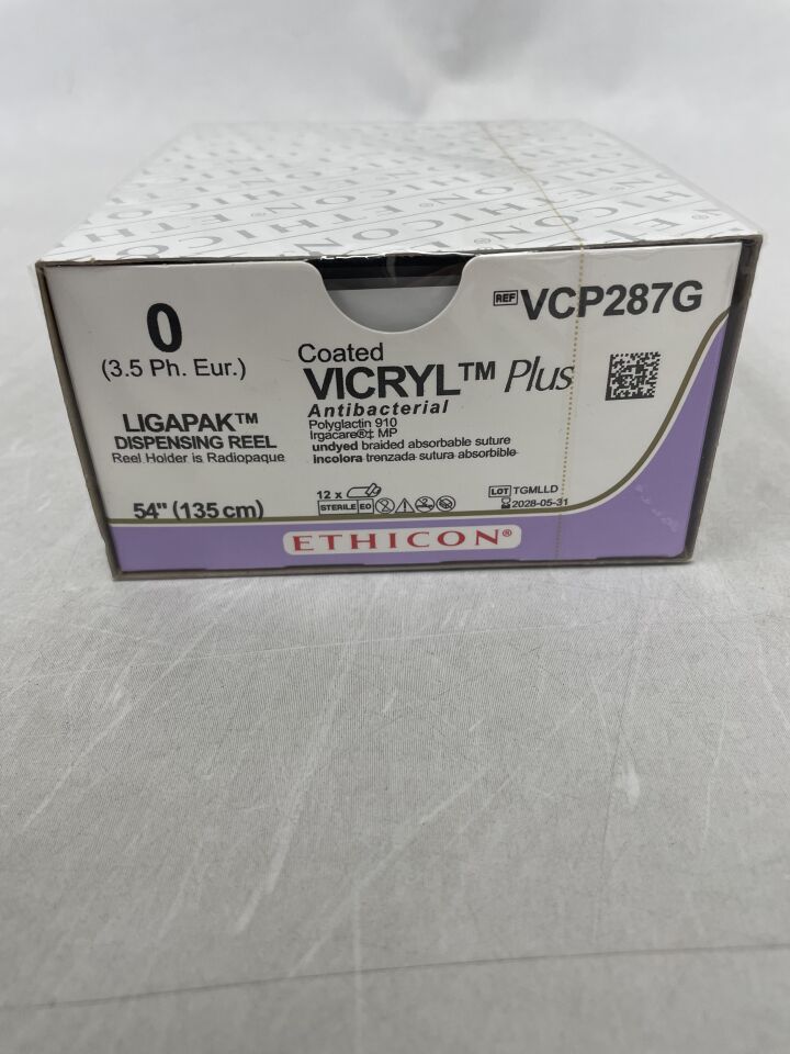 VCP287G - ETHICON - 塗層 VICRYL Plus 抗菌（聚乳酸-羥基乙酸共聚物 910）縫合線，LIGAPAK 結紮捲軸，可吸收，未染色編織 54 英寸 = 135 厘米，尺寸：0，（盒/12）-（有效期至：2028-05-31）