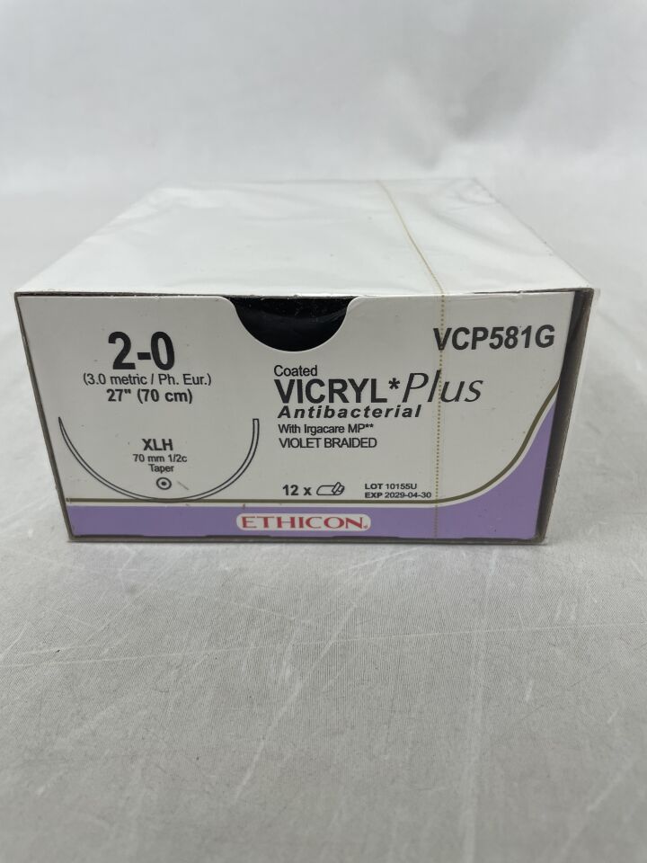 VCP581G - ETHICON - 塗層 VICRYL Plus 抗菌（聚乳酸-羥基乙酸共聚物 910）縫合線，錐形尖端，可吸收，XLH 70mm 半圓，紫色編織 27" = 70cm，規格：2-0，（盒/12）-（有效期至：2029-04-309-04-309-04-309-04-30）