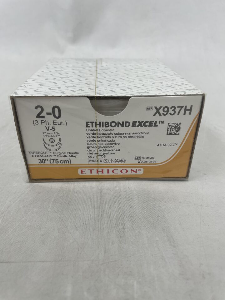 X937H - ETHICON - ETHIBOND EXCEL 聚酯縫合線，TAPERCUT，不可吸收，V-5 17mm / V-5 ½ 圓，綠色編織 30" = 75cm，尺寸：2-0，（BX/36）-（有效期至：2028-05-31）