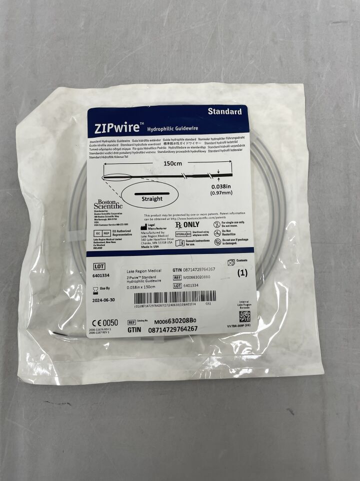 630208B - BOSTON SCIENTIFIC - ZIPwire Hydrophilic Guidewire - Standard, Straight - .038" x 150cm, () - ( Expiry Date: 2024-06-30 )