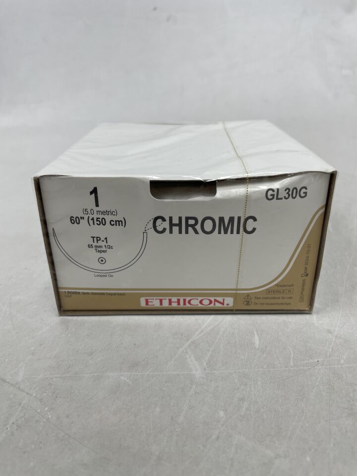 GL30G - ETHICON - Surgical Gut Suture - Chromic, Taper Point, Absorbable, TP-1 65mm ½ Circle, Chromic Monofilament 27" = 70cm, Size: 1, (BX/12) - ( Expiry Date: 2024-10-31 )