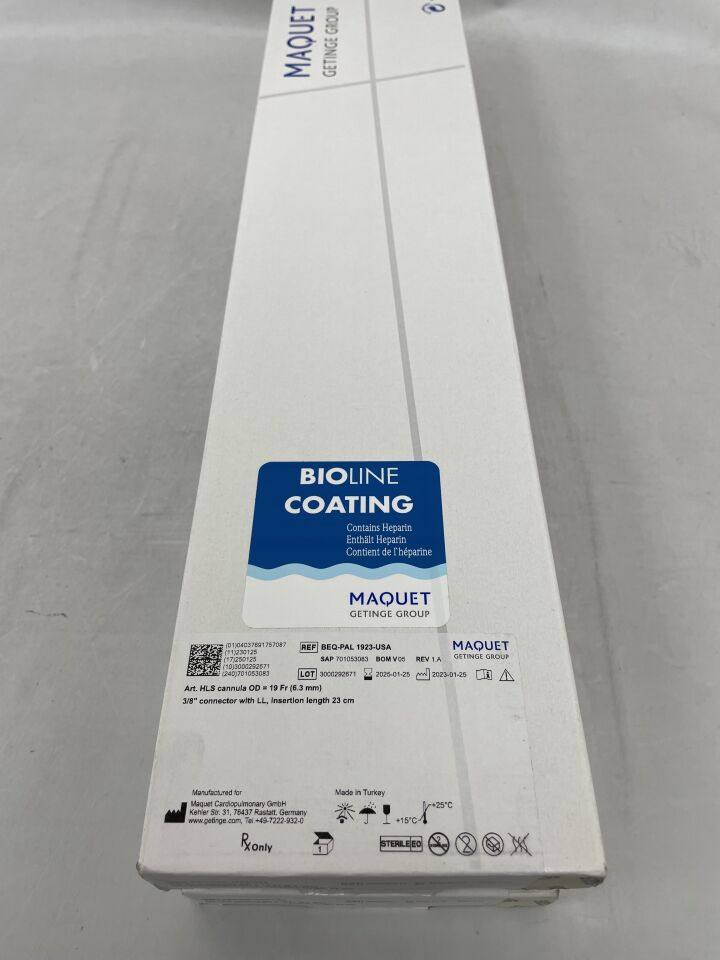 BEQ-PAL 1923-USA - MAQUET - Arterial HLS Cannula, Bioline 19F x 23cm, (BX/1) - ( Expiry Date: 2025-01-25 )