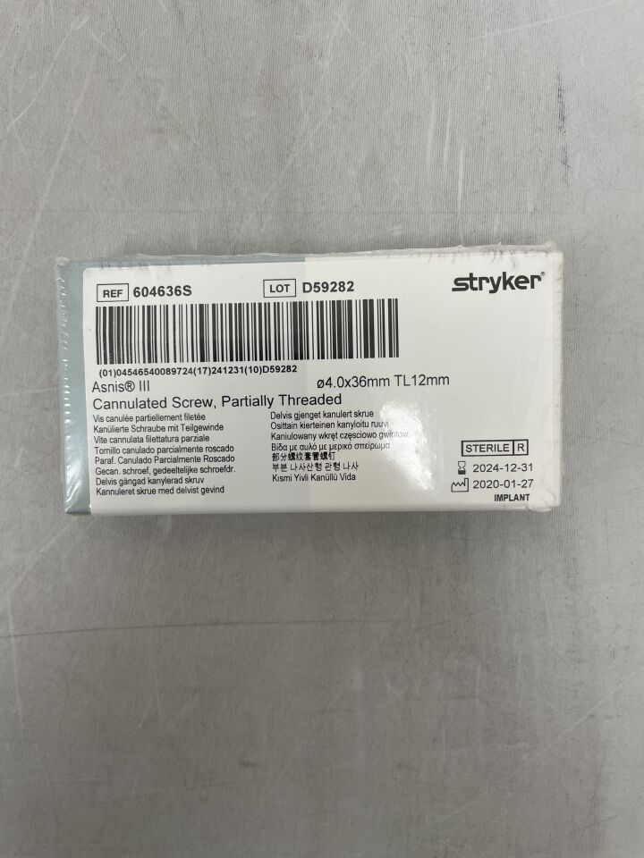 604636S - STRYKER - Asnis III Titanium Partial Threaded Self-Drilling/Self-Tapping Cannulated Screw, 4 x 36 mm, (BX/1) - ( Expiry Date: 2024-12-31 )