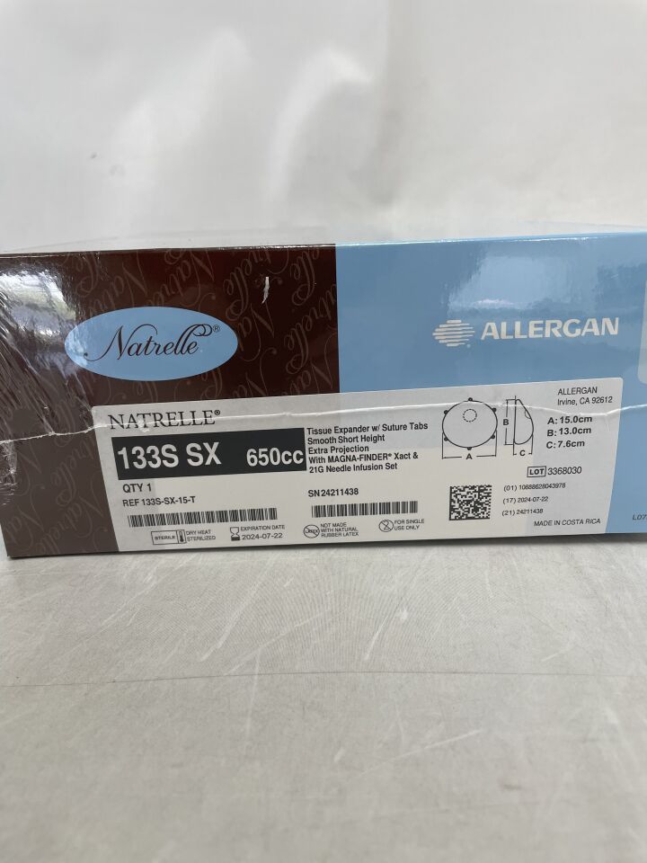 133S-SX-15-T - ALLERGAN - NATRELLE Tissue Expandet with Suture Tabs, Smooth Short, Extra Projection with MAGNA-FINDER, 650cc, (BX/1) - ( Expiry Date: 2024-07-22 )