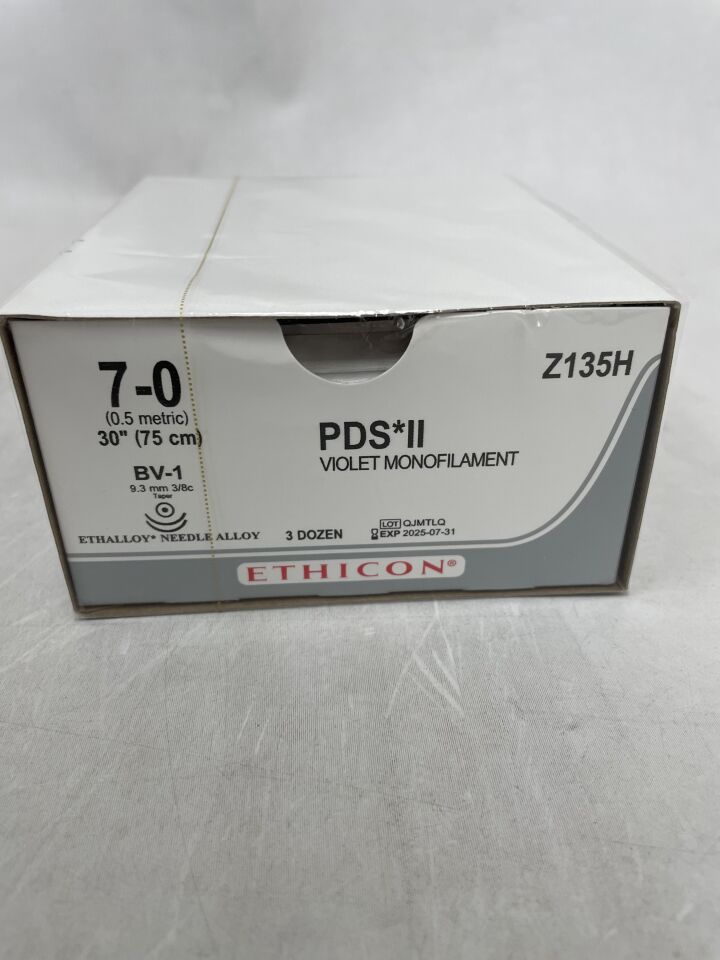Z135H - ETHICON - PDS II 可吸收單絲聚二氧雜環己酮縫合線，7-0 號，30 英吋長，BV-1 針，（BX/36）-（有效期至：2025-07-31）