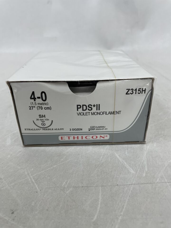 Z315H - ETHICON - PDS II（聚二氧雜環己酮）縫線，錐形尖端，可吸收，SH 26mm ½ 圓，紫色單絲 27" = 70cm，規格：4-0，（盒/36）-（有效期至：2025-07-31）