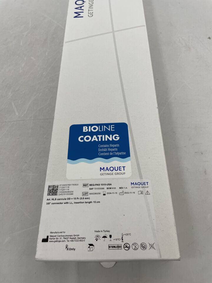 BEQ-PAS 1515-USA - MAQUET - HLS Cannula, 15Fr, 3/8" Connector With LL, Insertion length 15cm, with Bioline Coating, (BX/1) - ( Expiry Date: 2024-11-16 )