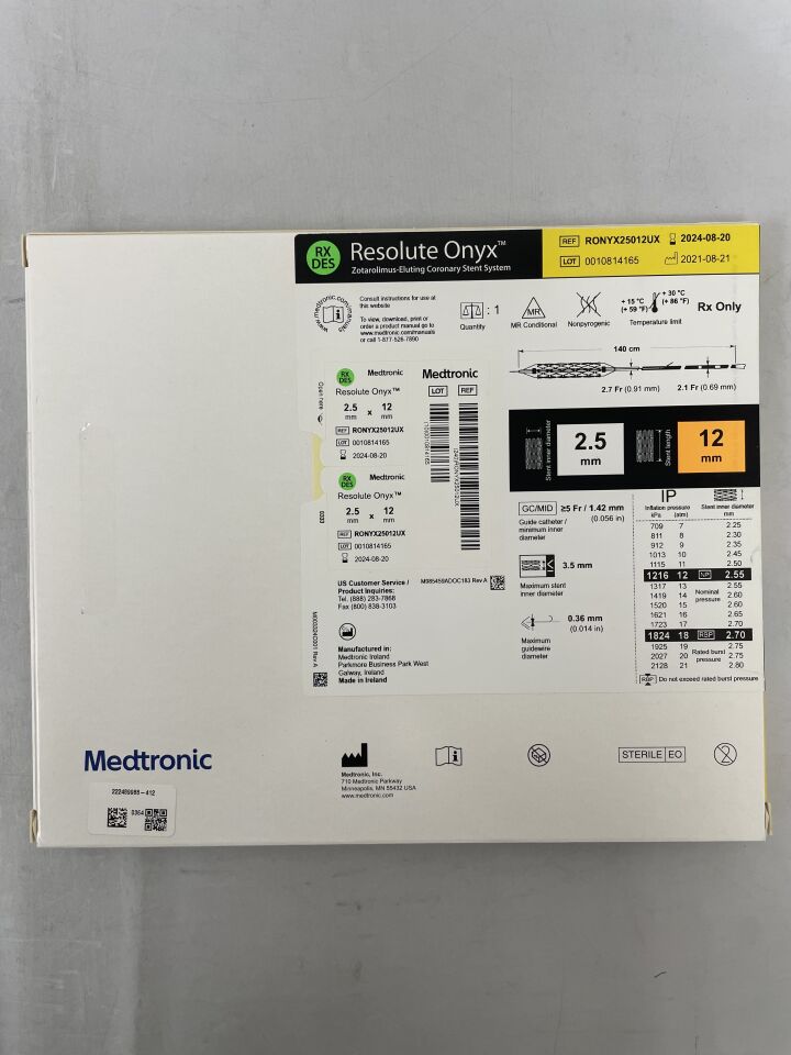 RONYX25012UX - MEDTRONIC - Resolute Onyx Zotarolimus-Eluting Coronary Stent System - RX - 2.5mm x 12mm, (BX/1) - ( Expiry Date: 2024-08-20 )