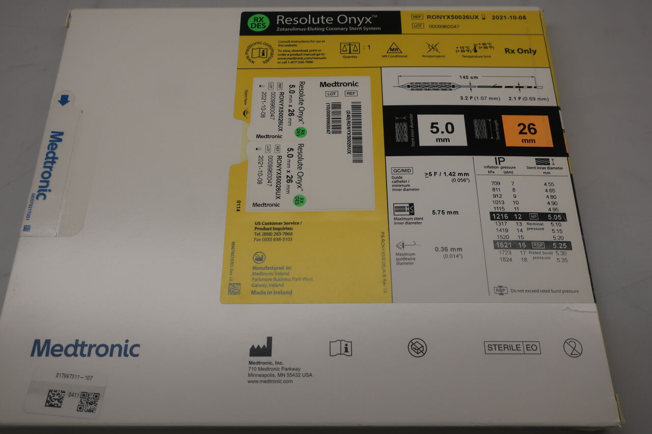 RONYX50026UX - MEDTRONIC - Resolute Onyx RX Zotarolimus-Eluting Coronary Stent System: 5.0mm x 26mm, (BX/1) - ( Expiry Date: 2024-08-31 )