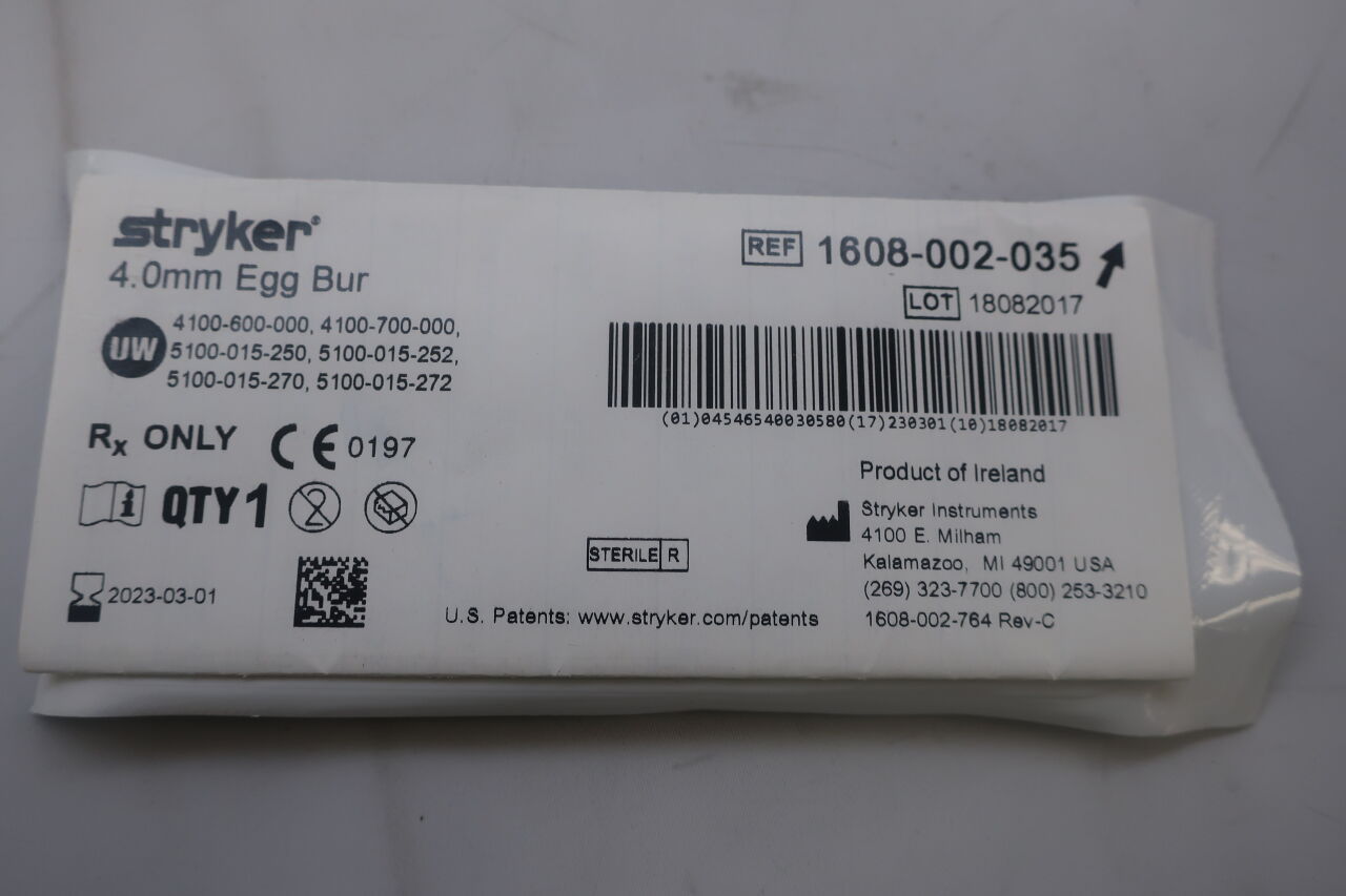 1608-002-035 - STRYKER - Fluted Egg Micro Burr, 4 mm Head Diameter, 54 mm Length, (EA) - ( Expiry Date: 2024-01-01 )