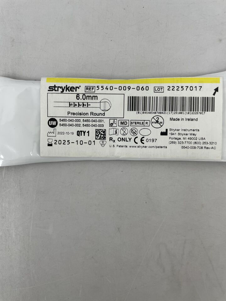 5540-009-060  -  STRYKER  -  S2 Precision Round Bur, Two Flutes 6.0mm , ( EA )  -  ( Expiry Date : 2025-10-01 )