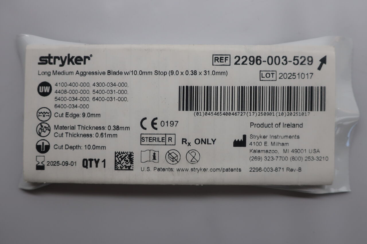 2296-003-529 - STRYKER - Thin Long Medium Aggressive Blade with 10 mm Stop, 10 L x, (EA) - ( Expiry Date: 2024-08-01 )