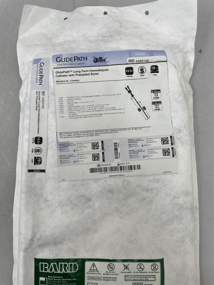 5393190 - BARD - GlidePath LT Hemodialysis Catheter, Straight, Standard 14.5F / 19cm / 24cm, Preloaded, (EA) - ( Expiry Date: 2024-12-31 )