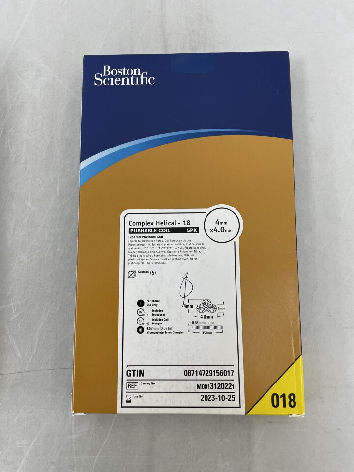 312022 - BOSTON SCIENTIFIC - Complex Helical-18 Fibered Platinum Pushable Coil, 4 mm Maximum Diameter, (BX/5) - ( Expiry Date: 2023-10-25 )