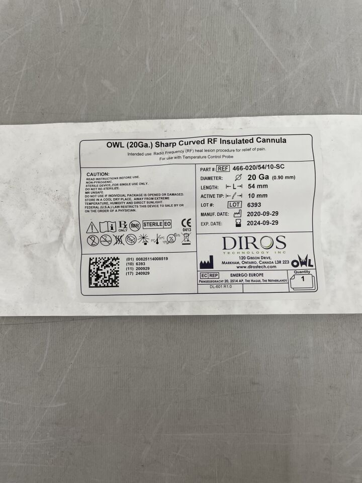 466-020/54/10-SC - DIROS TECHNOLOGY - OWL STERILE SINGLE USE DISPOSABLE SHARP CURVED RF INSULATED CANNULA (20 Ga.), 54mm LONG, 10MM BARE TIP, (EA) - ( Expiry Date: 2024-09-29 )