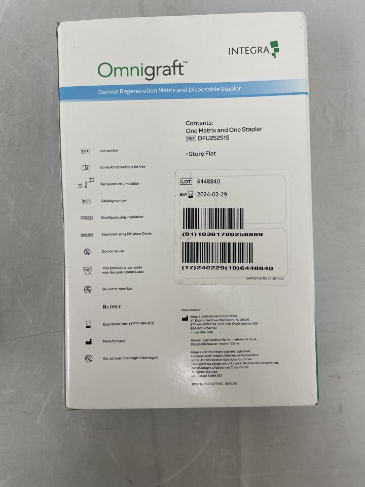 DFU25251S - INTEGRA - OmniGraft Dermal Regeneration Matrix Kit w/Stapler 2.5cm x 2.5cm, (BX/1) - ( Expiry Date: 2024-02-29 )