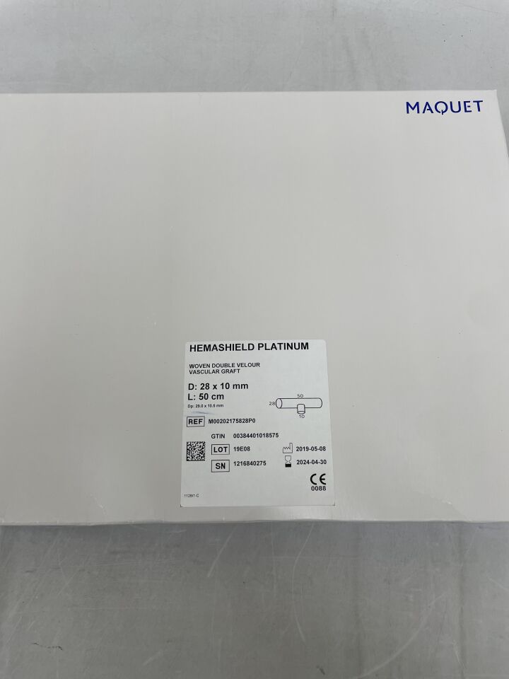 M00202175828P0 - MAQUET - Hemashield Platinum Woven Vascular Graft, 28mm x 50cm, 10mm Branch, (BX/1) - ( Expiry Date: 2024-04-30 )