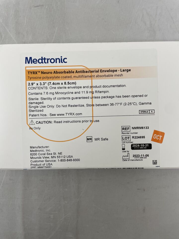 NMRM6133 - MEDTRONIC - TYRX Neuro Absorbable Antibacterial Envelope, Large 2.9" x 3.3", (BX/1) - ( Expiry Date: 2024-10-31 )
