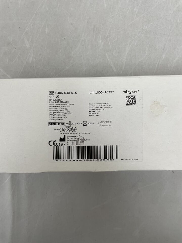 0406-630-015 - STRYKER - RF Cannula, HF-Surgery 20G x 50mm, 5mm Tip, Curved, () - ( Expiry Date: 2025-01-10 )