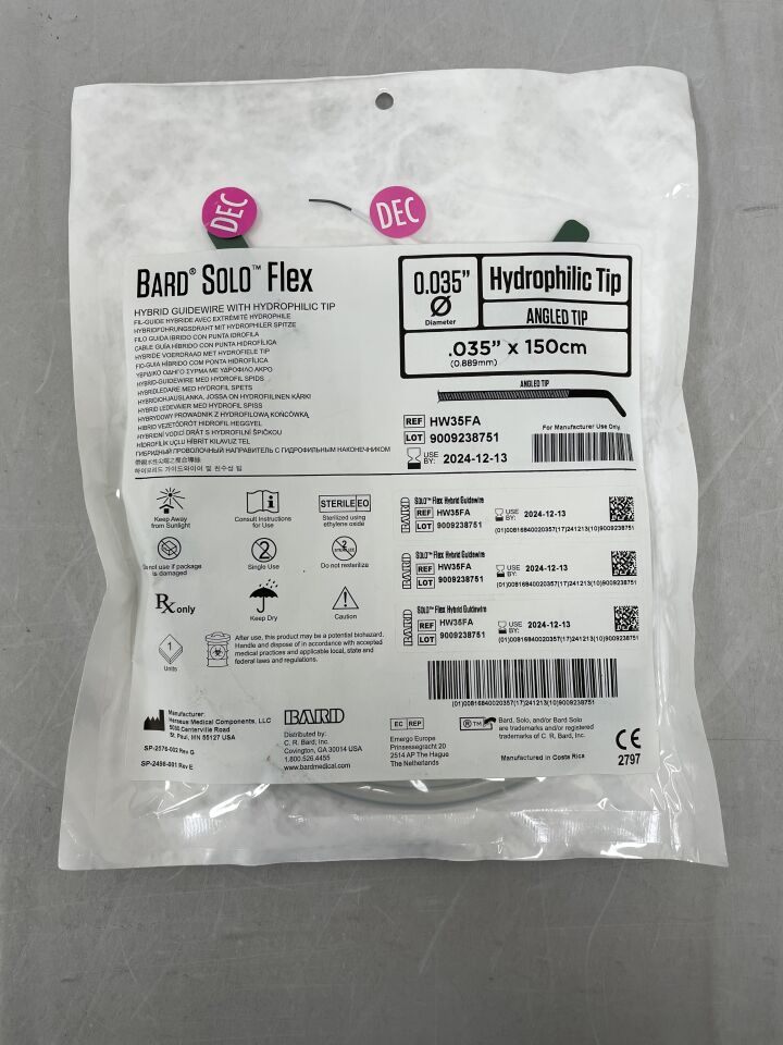 HW35FA - BARD - Solo Flex Hybrid Guidewire, Hydrophilic 0.035" x 150cm, Angled, (EA) - ( Expiry Date: 2024-12-13 )