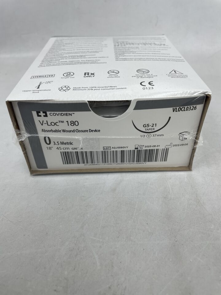 VLOCL0326 - COVIDIEN - Dispositivo de cierre de heridas con monofilamento de púas absorbible V-Loc 180, 45 cm de longitud, calibre 0, aguja GS-21 (caja de 12) - (Fecha de caducidad: 31/08/2025)