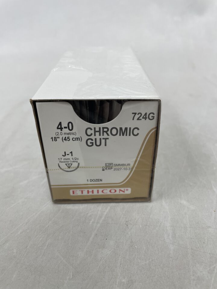 724G - ETHICON - 外科腸線縫合 - 鉻製，反向切割，可吸收，J-1 17mm ½ 圓，鉻製單絲 18" ˜ 45cm，規格：4-0，（盒/12）-（有效期至：2027-10-31）