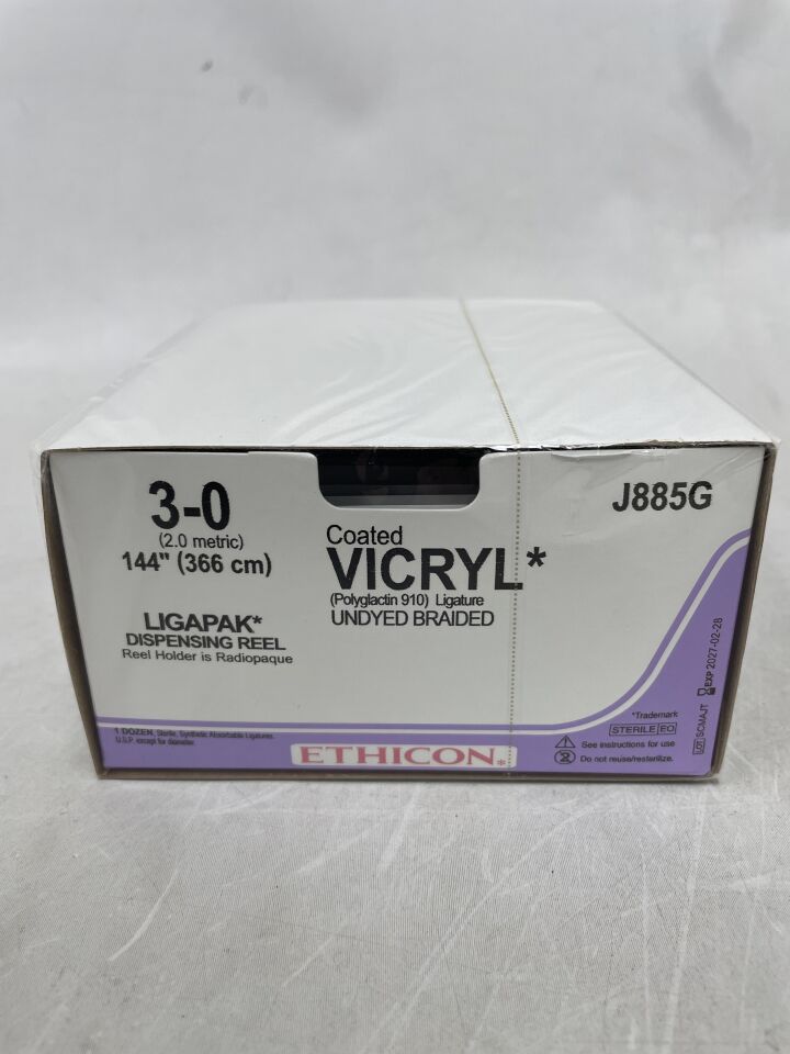J885G - ETHICON - 塗層維克瑞爾（聚乳酸-羥基乙酸共聚物 910）縫合線，LIGAPAK 結紮線卷，可吸收，未染色編織線 144 英寸 = 366 厘米，尺寸：3-0，（盒/12）-（有效期至：2027-02-28）