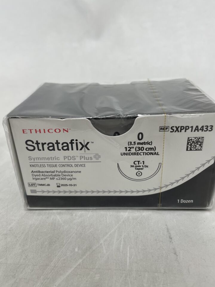 SXPP1A433 - ETHICON - STRATAFIX 對稱 PDS Plus 縫合線，錐形尖端，可吸收，CT-1 36mm 1/2 圓，12" = 30cm，0 號，（盒/12）-（有效期：2025-10-31）