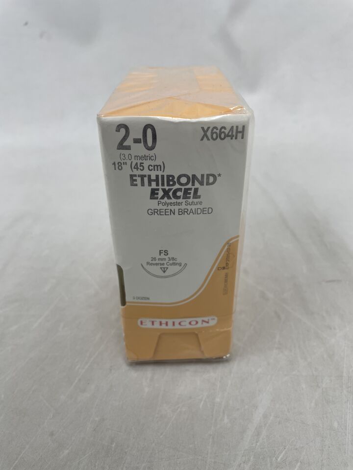 X664H - ETHICON - ETHIBOND EXCEL 聚酯縫合線，反向切割，不可吸收，FS 26mm 3/8 圓，綠色編織 18" = 45cm，尺寸：2-0，（BX/36）-（有效期至：2026-02-28）