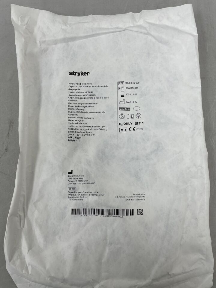 0408-800-500  -  STRYKER  -  Steri-Shield Surgical Hood with Peel Away Face Shield, Sterile, Single-Use, AAMI Level 4 Protection , ( EA )  -  ( Expiry Date : 2025-12-09 )