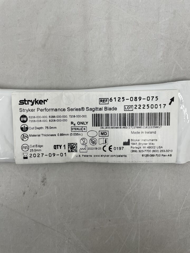 6125-089-075  -  STRYKER  -  System 6 Sagittal Blade: 25mm x 75mm x 0.89mm , ( EA )  -  ( Expiry Date : 2027-09-01 )